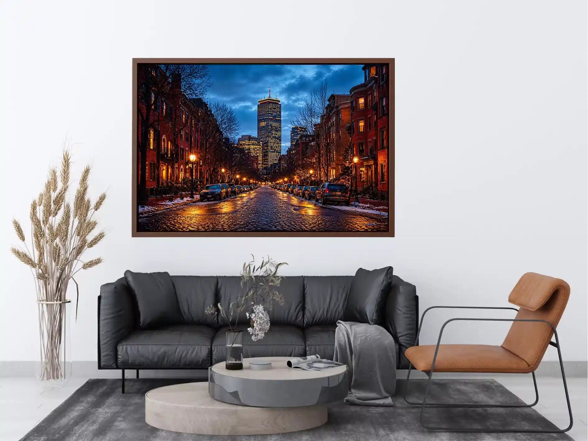 boston city street at night with lights and skyline wall art canvas