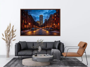 boston city street at night with lights and skyline wall art canvas