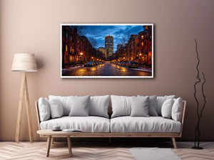 boston city street at night with lights and skyline wall art canvas