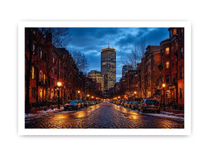 boston city street at night with lights and skyline wall art canvas