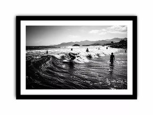 black and white surfing wave with surfers ocean wall art canvas