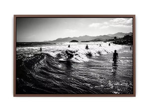 black and white surfing wave with surfers ocean wall art canvas