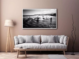 black and white surfing wave with surfers ocean wall art canvas