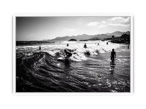 black and white surfing wave with surfers ocean wall art canvas