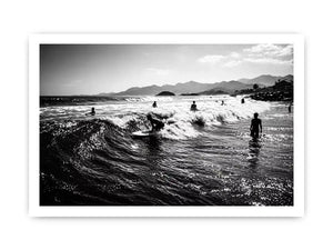 black and white surfing wave with surfers ocean wall art canvas