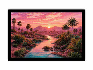 desert oasis landscape with pink sunset sky and palm trees wall art canvas