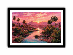 desert oasis landscape with pink sunset sky and palm trees wall art canvas