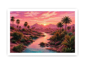 desert oasis landscape with pink sunset sky and palm trees wall art canvas