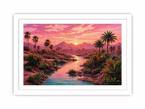 desert oasis landscape with pink sunset sky and palm trees wall art canvas