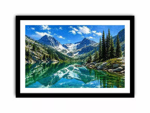 alpine mountain lake reflection landscape wall art canvas with trees and peaks