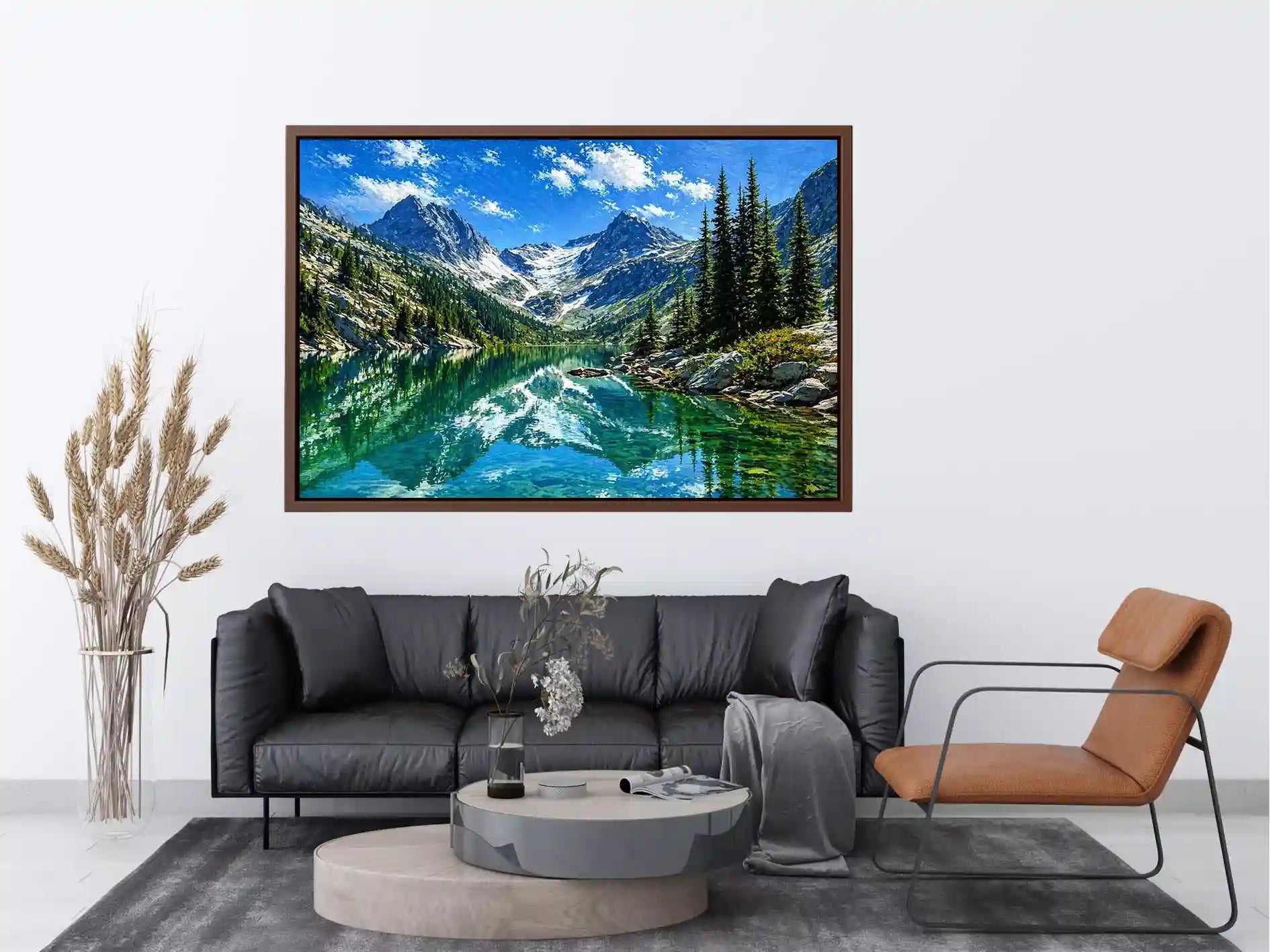 alpine mountain lake reflection landscape wall art canvas with trees and peaks