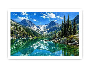 alpine mountain lake reflection landscape wall art canvas with trees and peaks