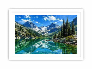 alpine mountain lake reflection landscape wall art canvas with trees and peaks