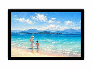 serene beach scene with woman and child ocean wall art canvas
