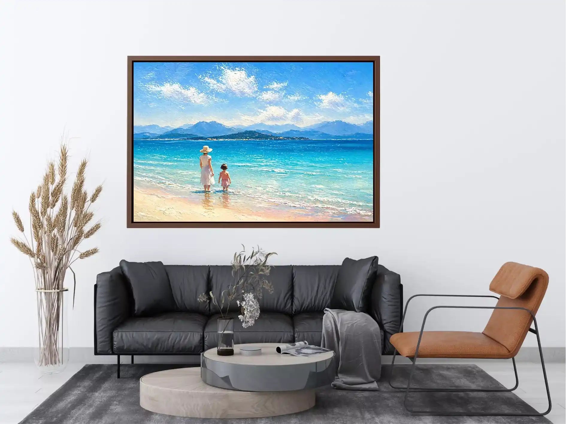 serene beach scene with woman and child ocean wall art canvas