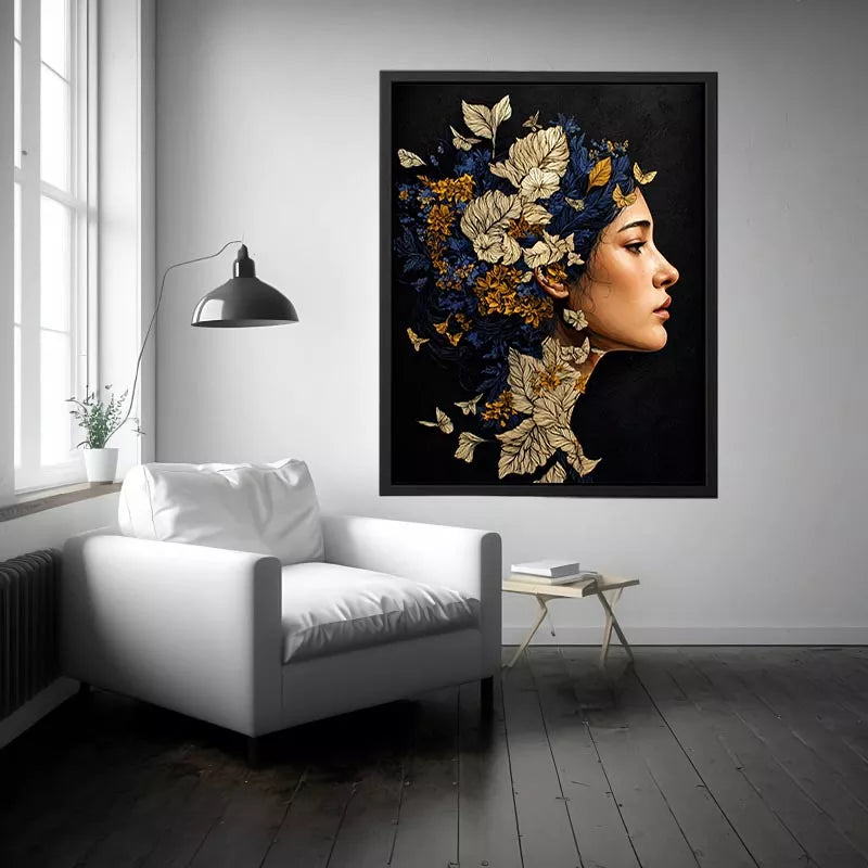 modern woman portrait with floral botanical elements luxury wall art canvas