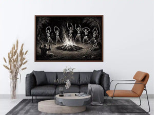 vintage skeleton dance around fire gothic wall art canvas