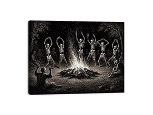 vintage skeleton dance around fire gothic wall art canvas