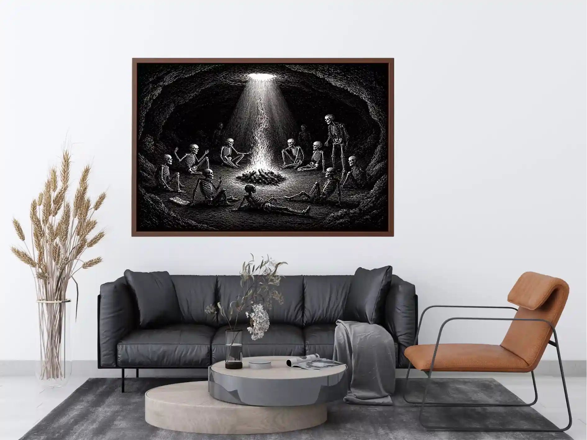 gothic skeleton ritual around fire vintage engraving wall art canvas