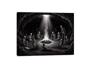 gothic skeleton ritual around fire vintage engraving wall art canvas