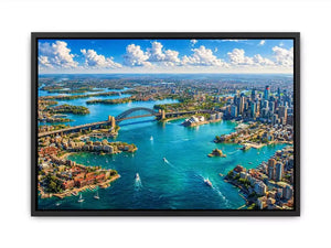 Sydney Harbour Bridge aerial cityscape coastal modern wall art canvas with blue ocean skyline