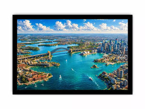 Sydney Harbour Bridge aerial cityscape coastal modern wall art canvas with blue ocean skyline
