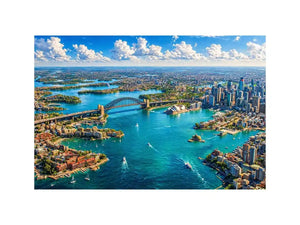 Sydney Harbour Bridge aerial cityscape coastal modern wall art canvas with blue ocean skyline
