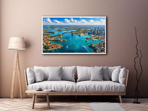 Sydney Harbour Bridge aerial cityscape coastal modern wall art canvas with blue ocean skyline