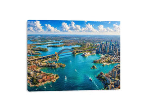 Sydney Harbour Bridge aerial cityscape coastal modern wall art canvas with blue ocean skyline