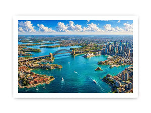 Sydney Harbour Bridge aerial cityscape coastal modern wall art canvas with blue ocean skyline