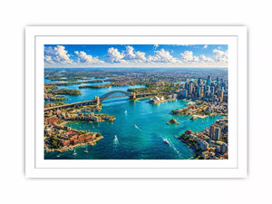 Sydney Harbour Bridge aerial cityscape coastal modern wall art canvas with blue ocean skyline