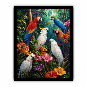 colorful tropical parrot painting wall art canvas jungle birds vibrant textured artwork