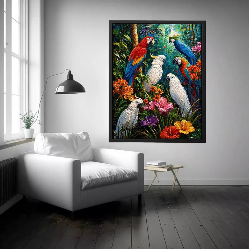 colorful tropical parrot painting wall art canvas jungle birds vibrant textured artwork