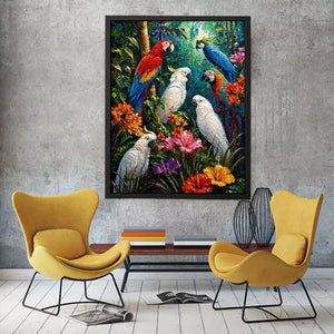 colorful tropical parrot painting wall art canvas jungle birds vibrant textured artwork
