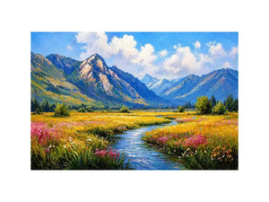 impressionist mountain meadow river landscape wall art canvas serene nature painting