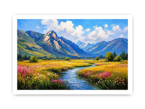 impressionist mountain meadow river landscape wall art canvas serene nature painting