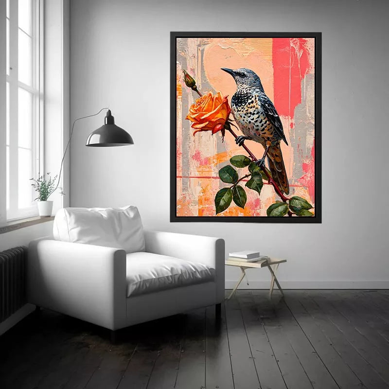 bird and rose wall art canvas floral botanical painting modern peach decor
