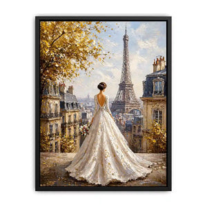 Elegant Paris bride painting with Eiffel Tower view, romantic France wall art for luxury home decor in Paris, New York, London interiors