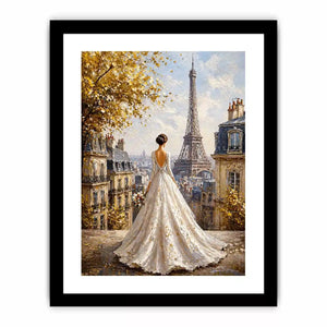 Elegant Paris bride painting with Eiffel Tower view, romantic France wall art for luxury home decor in Paris, New York, London interiors