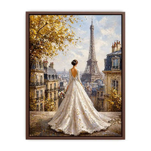 Elegant Paris bride painting with Eiffel Tower view, romantic France wall art for luxury home decor in Paris, New York, London interiors