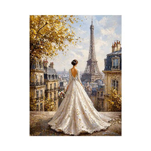Elegant Paris bride painting with Eiffel Tower view, romantic France wall art for luxury home decor in Paris, New York, London interiors