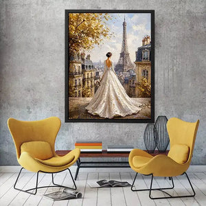 Elegant Paris bride painting with Eiffel Tower view, romantic France wall art for luxury home decor in Paris, New York, London interiors