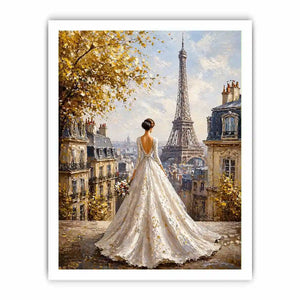 Elegant Paris bride painting with Eiffel Tower view, romantic France wall art for luxury home decor in Paris, New York, London interiors