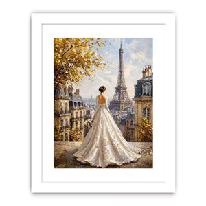 Elegant Paris bride painting with Eiffel Tower view, romantic France wall art for luxury home decor in Paris, New York, London interiors