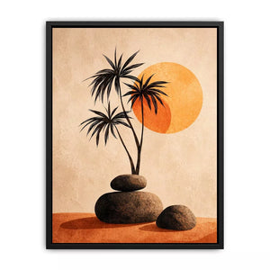 Minimalist desert sunset wall art with palm trees and stones, boho neutral decor for modern homes in California, Arizona, Dubai interiors