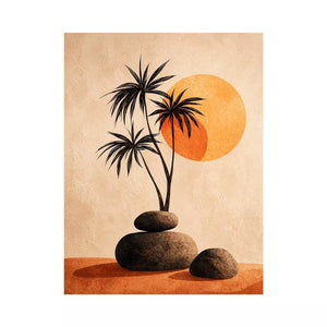Minimalist desert sunset wall art with palm trees and stones, boho neutral decor for modern homes in California, Arizona, Dubai interiors