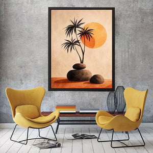Minimalist desert sunset wall art with palm trees and stones, boho neutral decor for modern homes in California, Arizona, Dubai interiors