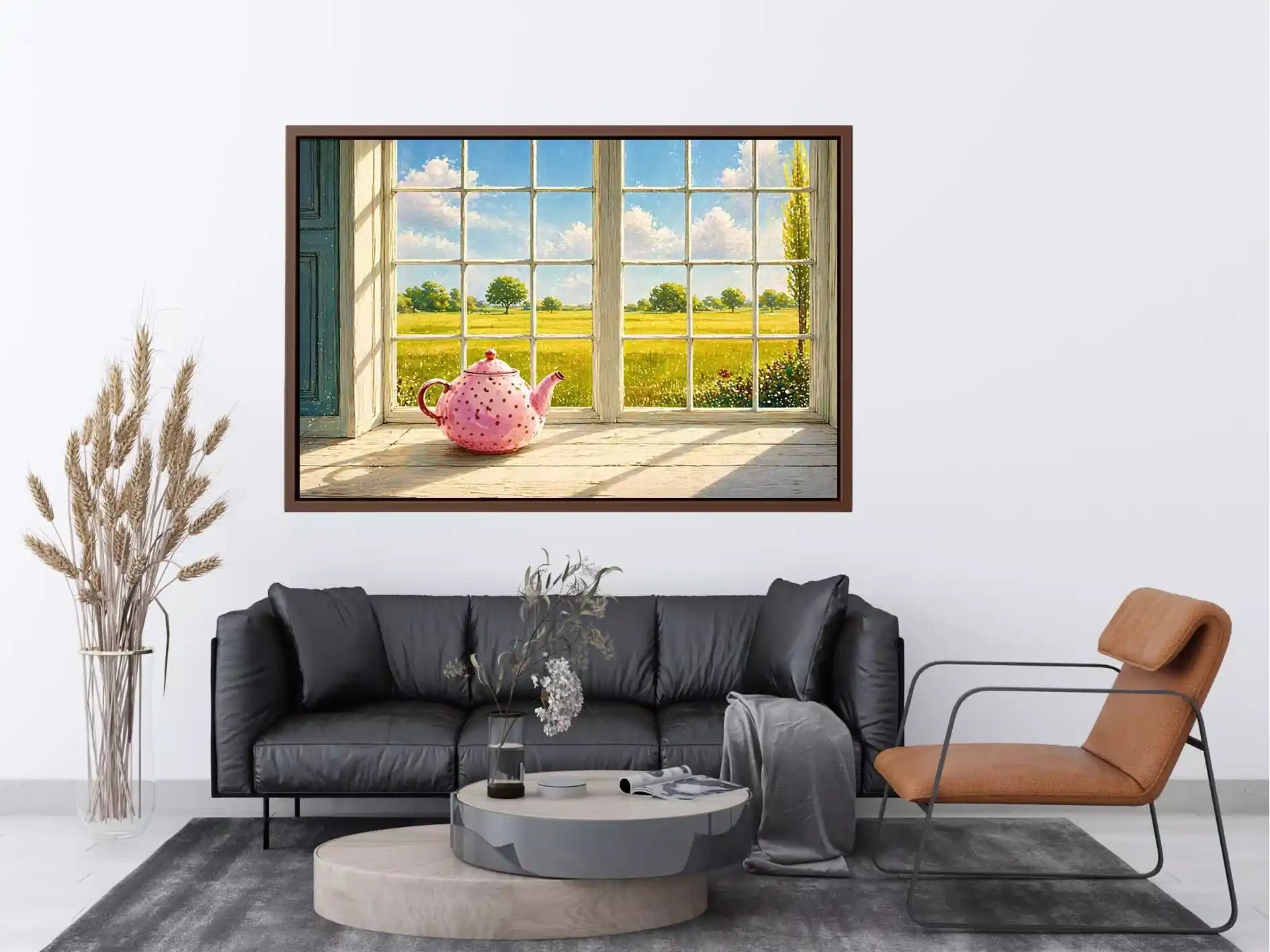 Sunlit window teapot painting with countryside view, cozy cottage kitchen wall art for homes in England, France, countryside interiors