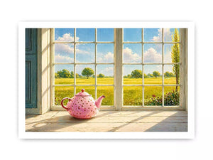 Sunlit window teapot painting with countryside view, cozy cottage kitchen wall art for homes in England, France, countryside interiors