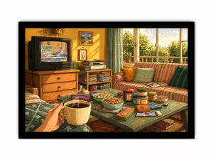 Cozy living room illustration with coffee cup and retro TV, aesthetic home decor for apartments in New York, Tokyo, London interiors